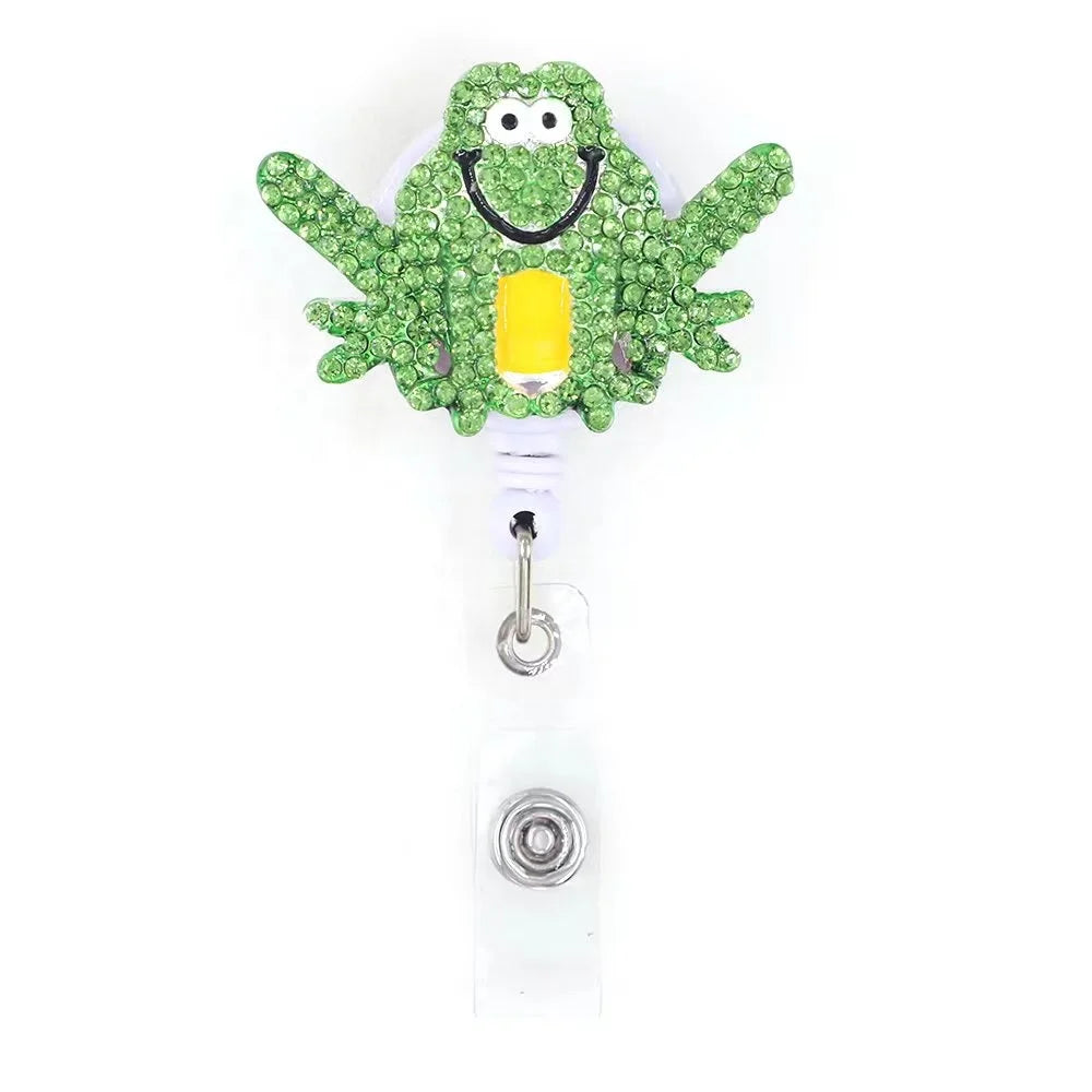 Wholesale Jotome YLK252CT Metal Alloy Green Rhinestone Frog Retractable Pull Reel Badge Holder for ID Badge & Key Ring