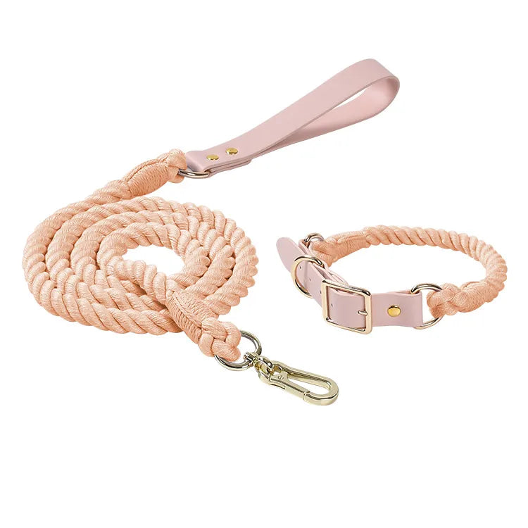 2024 New Product Manufacturer Handmade Rope Leashes Cotton LOGO Tag OEM Braided Rope Dog Leash and Collar Set