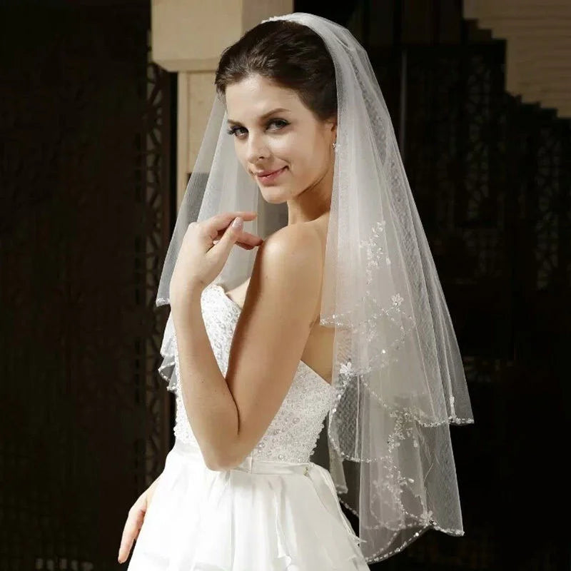 ROMANTIC Short Lace Bridal Two Layer Wedding Accessory Rhinestone White Wedding Veil