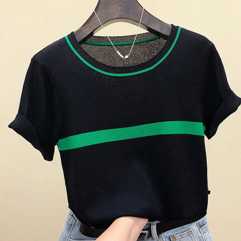 New Knitted T Shirt Women Summer O-neck Short Sleeve T-shirt Female Striped Casual Tops Tee Shirt Women's Clothing 2023