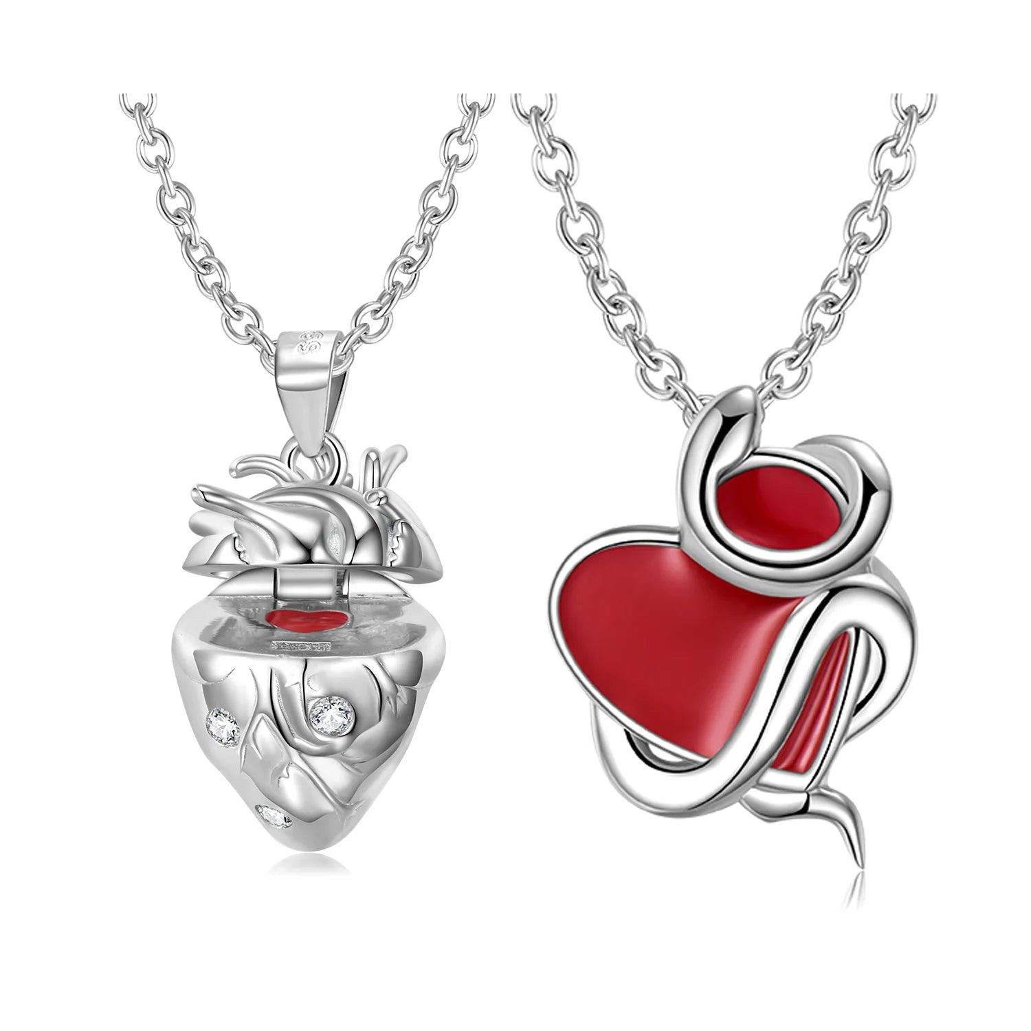 Red Hearts and Snakes Openable Pendants for Necklace Authentic 925 Sterling Silver CZ Pendant for Women Fine Necklaces Jewelry