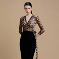 ZYHT 41861 Fashion Plus Size Long Sleeve Ladies Clothing V Neck Mesh Leopard Print Blouse Tops for Women