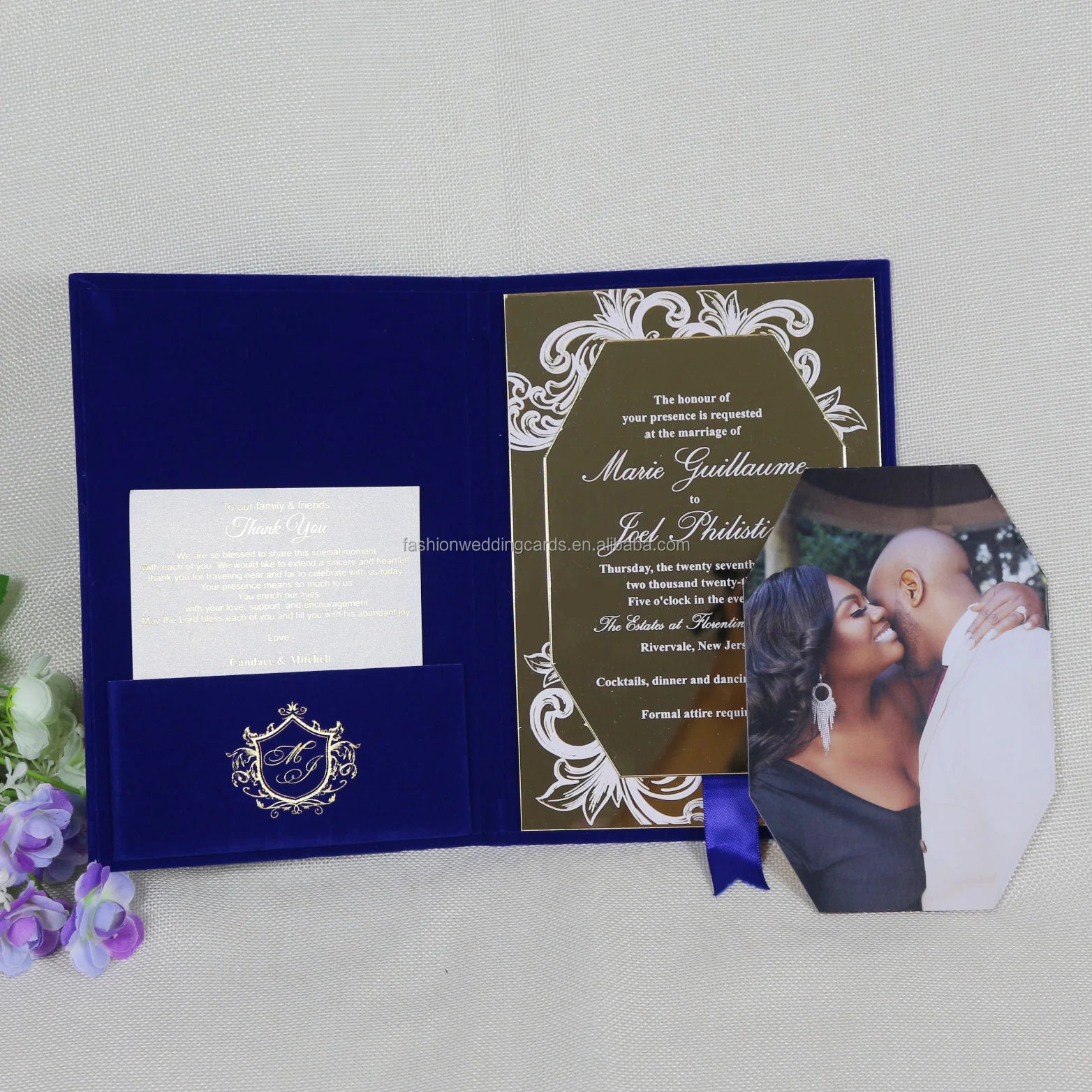 Creative Laser Cut Mirror Acrylic Cards Luxury Navy Velvet Wedding Hardcover Invitations Fairy Animal Love Themes White Foil