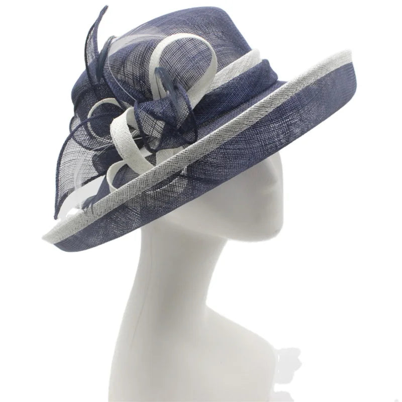 Women Ladies Navy Blue Wide Brim Sinamay Church Kentucky Derby Dress Cloche Sun Hat Fascinator Floral Tea Party Wedding Hat