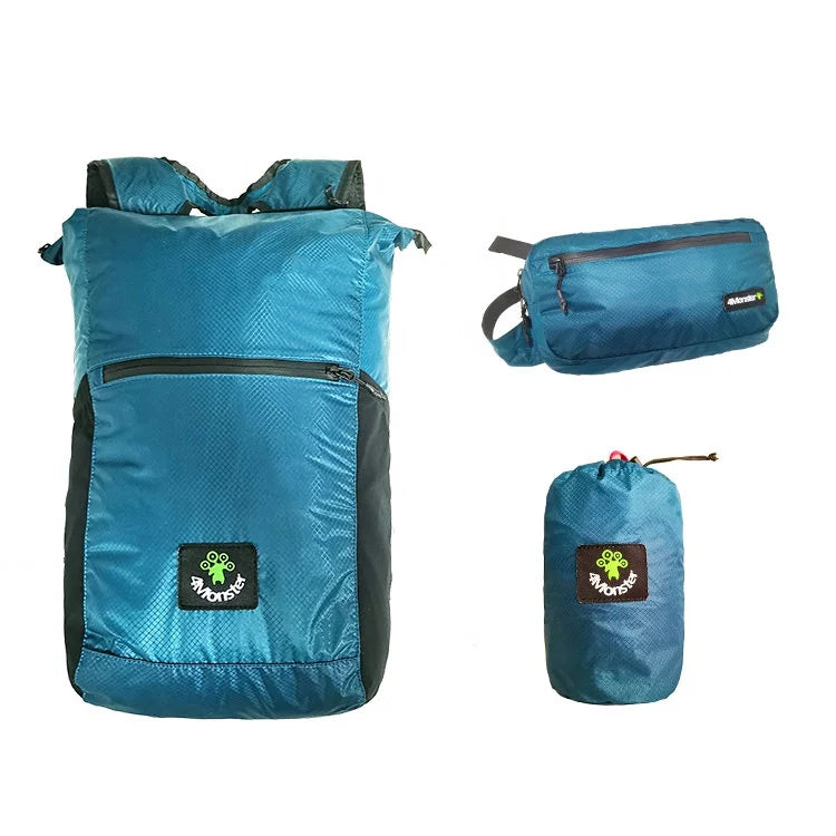 Custom Waterproof Foldable Super Light Weight 30-40L Capacity Outdoor Camping Hiking Portable Backpack with Waist Bag