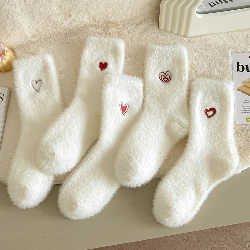 Wholesale Women's Red Love Embroidery Plush Tube Socks Autumn Winter White Fleece-Lined Thick Warm Crew Knitted Socks
