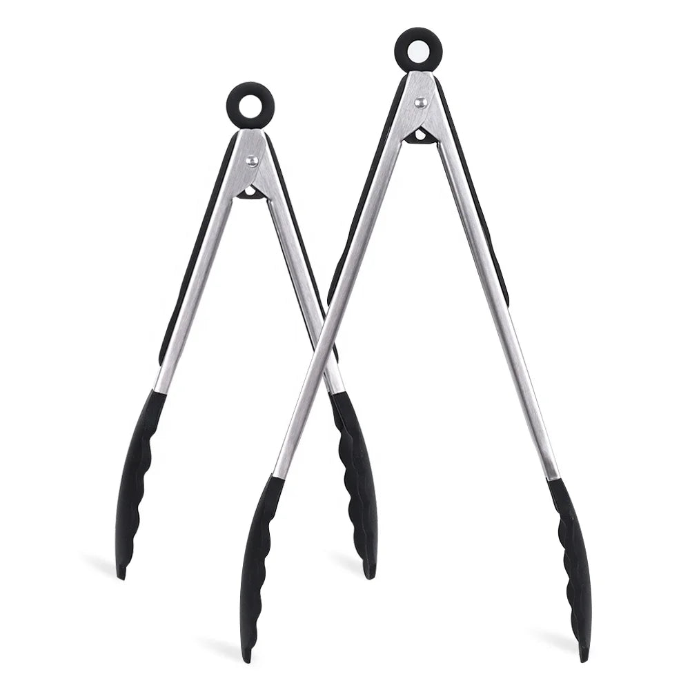 Customized Black Color Stainless Steel Serving Grill Salad Tong Silicone Kitchen Food Tongs