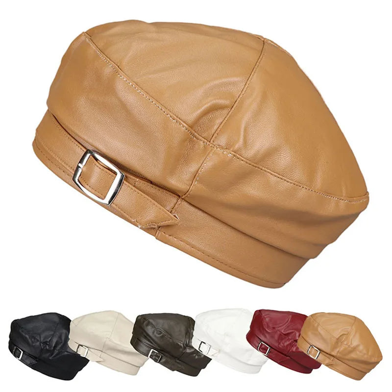 Winter and Spring Custom logo PU Retro Octagonal Hat Cap British Style Classic Vintage Leather Beanie Beret