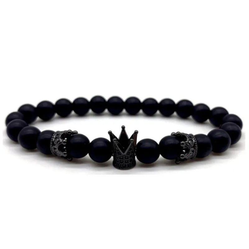 Men's Fashion Lion Crown Charm Bracelet 8mm Black Frosted Beaded Jewelry Gift Bracelet