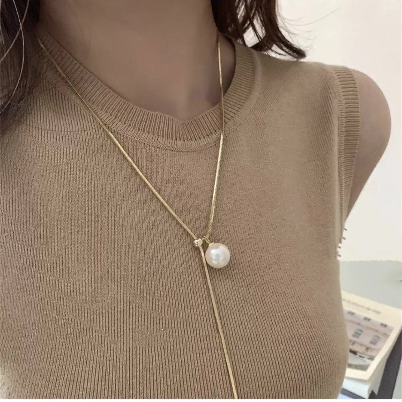 Korean Trendy Gold Plated Sweater Chain Necklace Adjustable Pearl Snake Chain Choker Necklace for Lady
