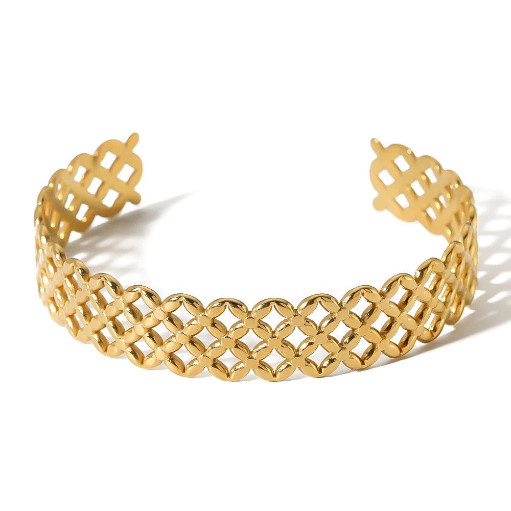 New Simple Stainless Steel Hollow Mesh Design Opening Couple Bangle Bracelet for Men and Women