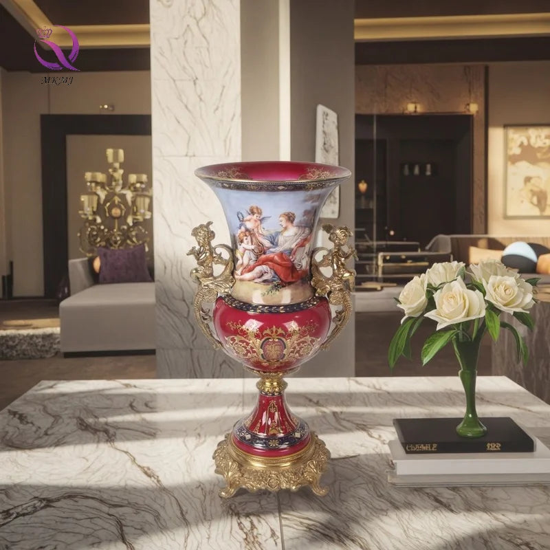 European Luxury Antique Bronze Flower Vase Classical French Court Figures Porcelain Angel for Villa Living Room Tabletop