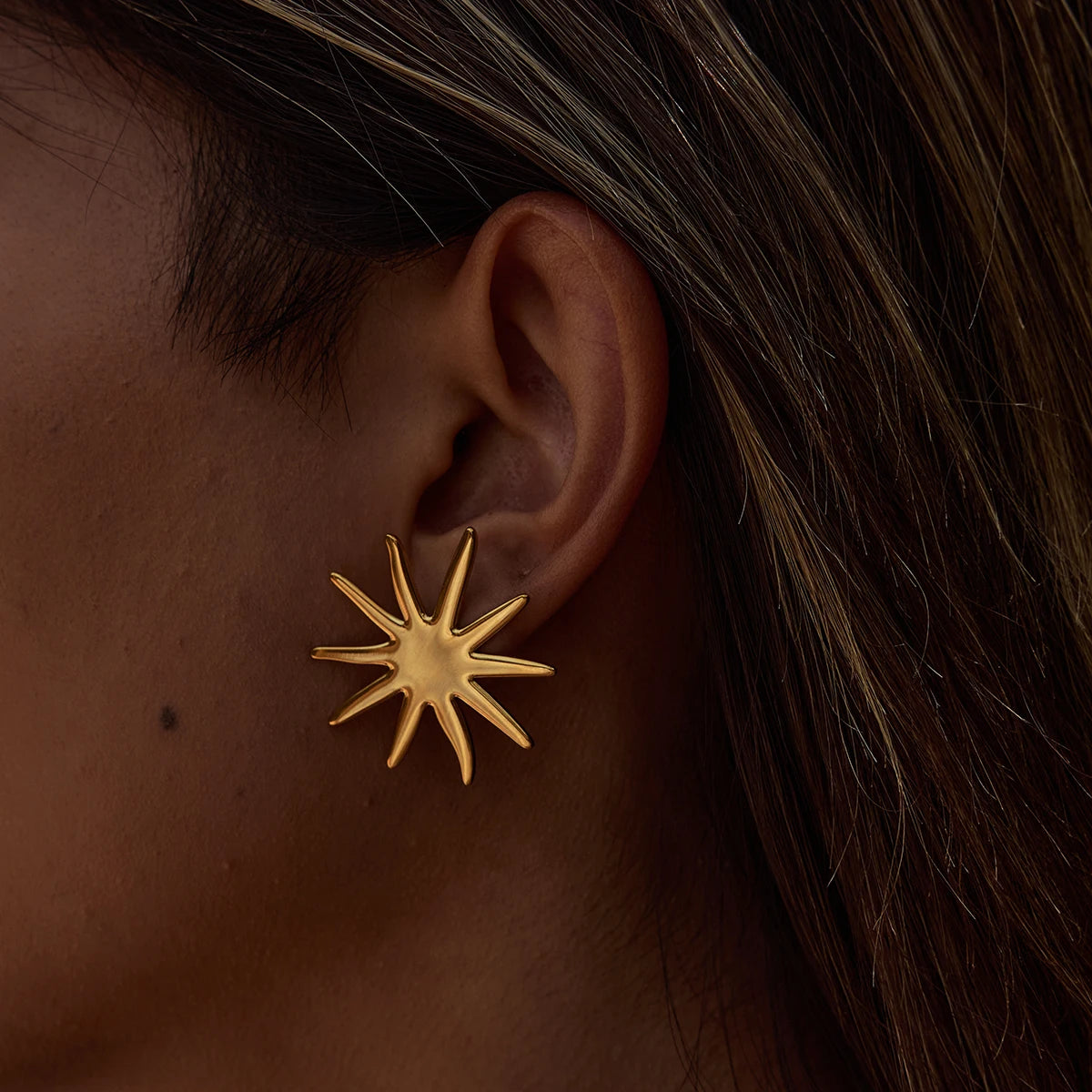 J&D Minimalist 18K Gold Stainless Steel Trending Glossy Classic Sunflower Stud Earrings