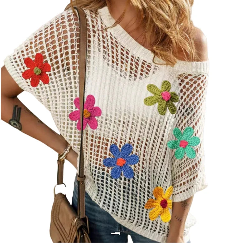 Bohemian 3D Floral Sweater Factory Ready to Ship Hollow Out Knit Top Summer Y2K Festival Beach Pullover