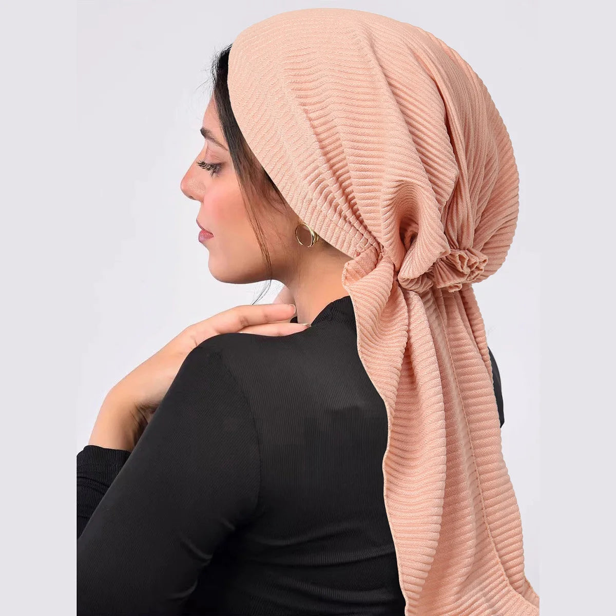 Women's Big Size Crinkle Style Polyester Headscarf Custom Logo Pre-Tied Scarf Quick Shipping Spring Solid Color Hair Scarves