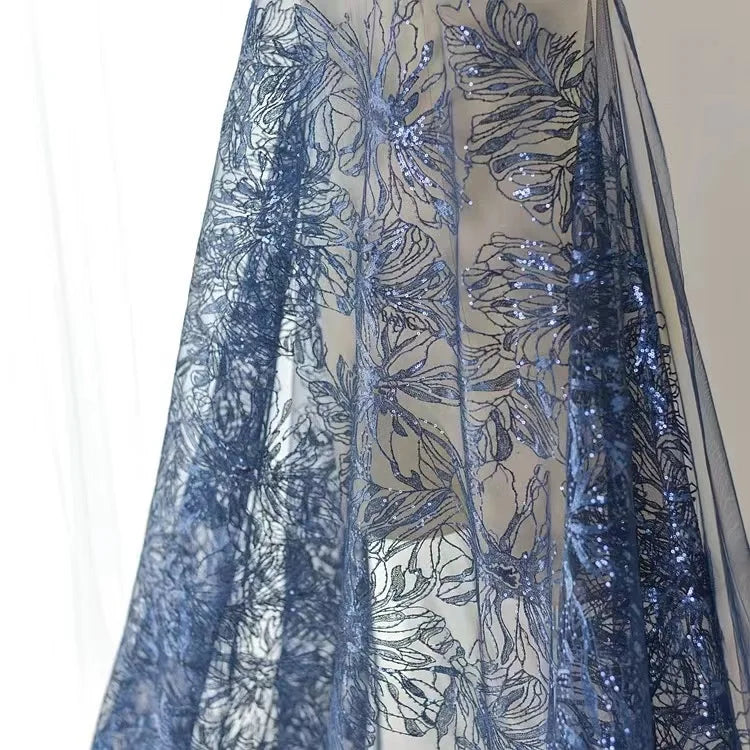 Design China Wholesale Blue Sequin Embroidery Lace Fabric Peony Court Fashion Clothing Fabric High-end Wedding Dress Fabric