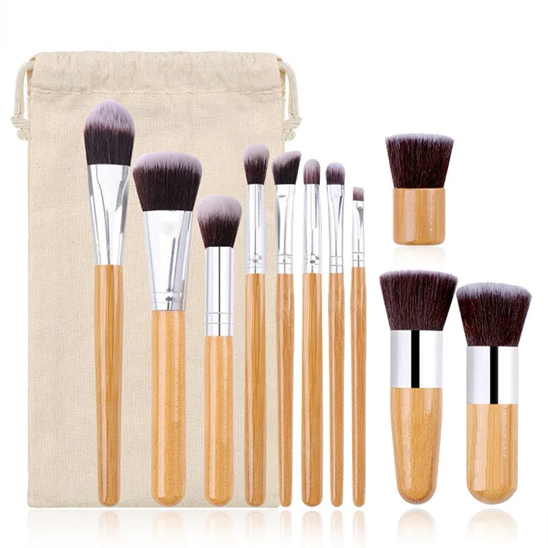 High Quality Hot Selling 11 PCS Vegan Travel Eco-friendly Bamboo Handle Eye Brush Makeup Brushes Set with Bag Birthday