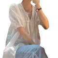 S-2XL French Design Feel Hollow Out Lace Summer Doll Shirt Loose Short Sleeve Shirt Bubble Puff Sleeve White Women's Top