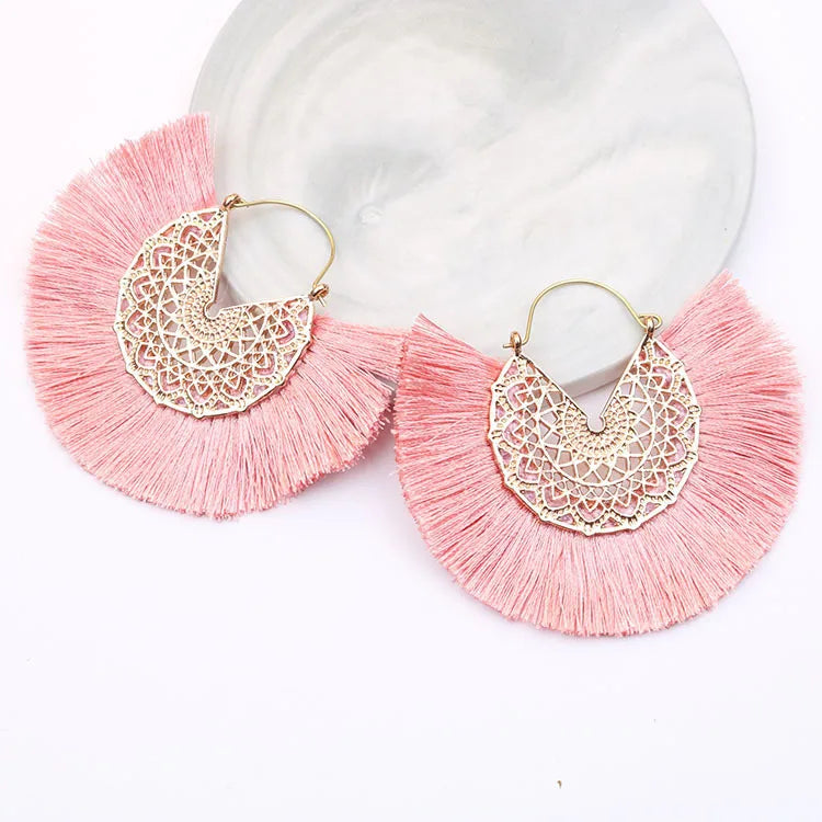 Fashion Retro Bohemian Hand Hung Fan-shaped Tassel Earrings for Women