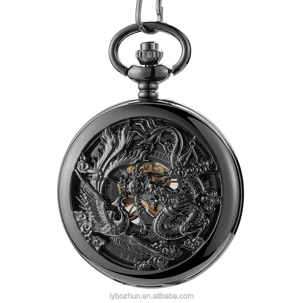 Double Crane Playing Pearl Pattern Hollow Relief Manual Mechanical Pocket Watches