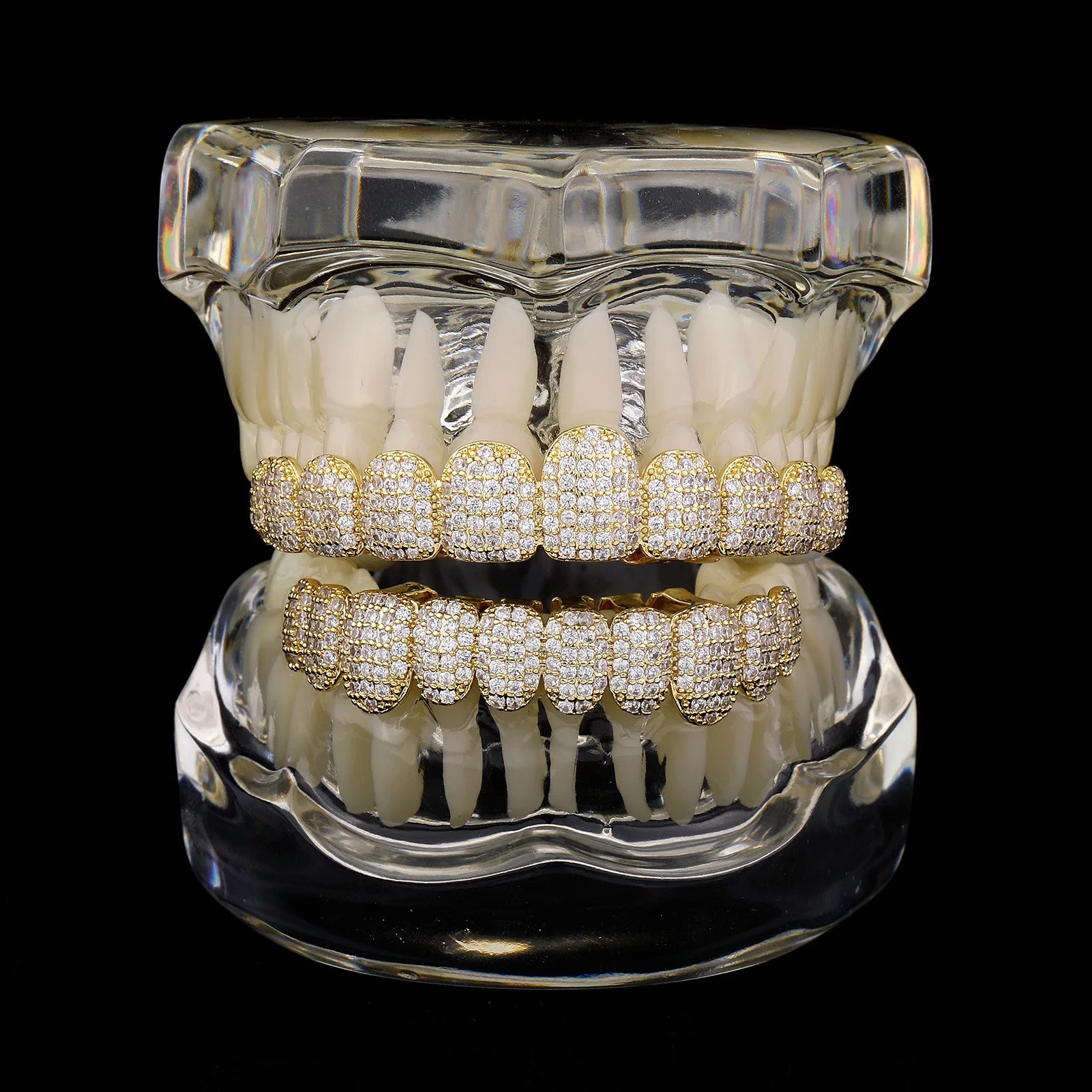 Punk Hip Hop Golden Silvery Color Plated Teeth Grills Men Women Full Iced Out CZ Stone Micro Paved Top&Bottom Grills Cospla