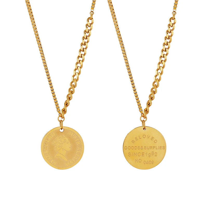 Head Letter Round Pendant Necklace Sweater Chain Stainless Steel Jewelry Necklace