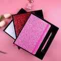 2025 Valentine Newest Design Glitter Notebook Set with Rose Pink Red White Glitter Metal Pen & Black Gift Box/Gift Bag