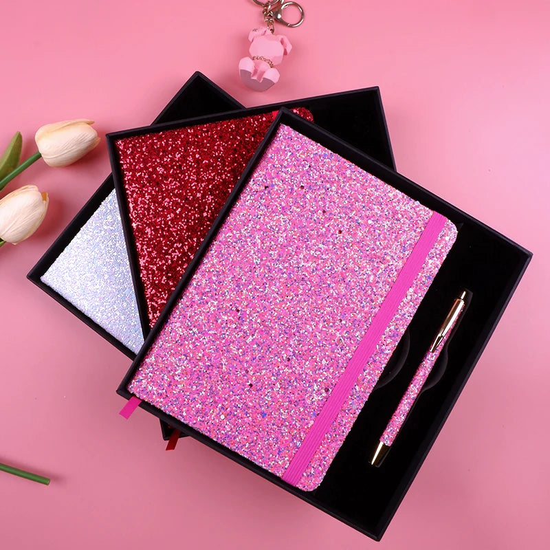 2025 Valentine Newest Design Glitter Notebook Set with Rose Pink Red White Glitter Metal Pen & Black Gift Box/Gift Bag