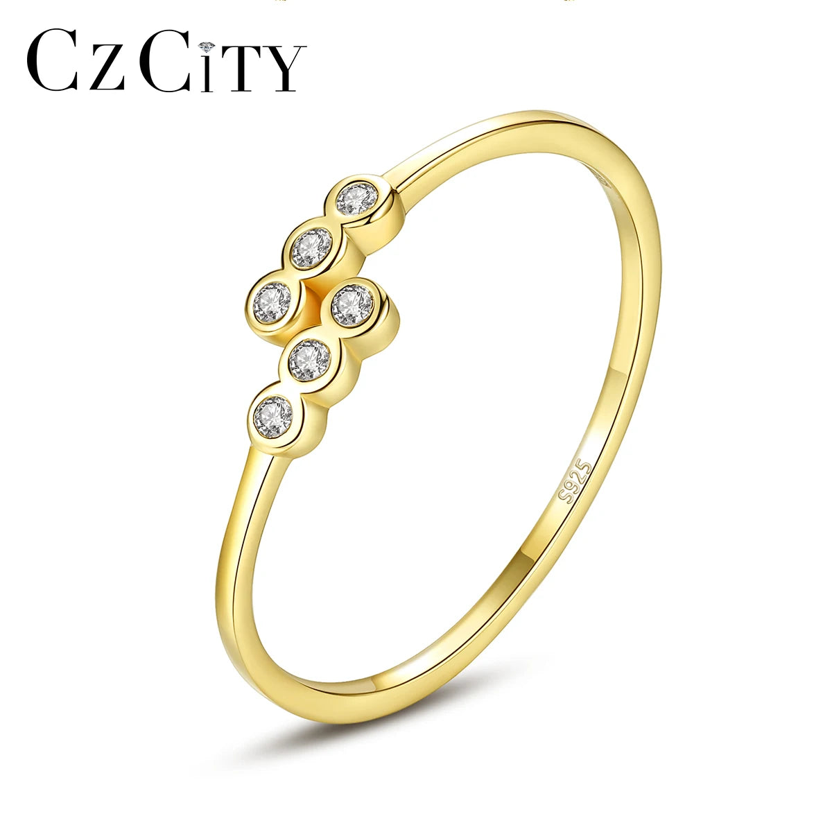 CZCITY Round Zirconia Rings for Women Jewelry 925 Sterling Silver Adjustable CZ Ring Gold Plated Simple Engagement Rings