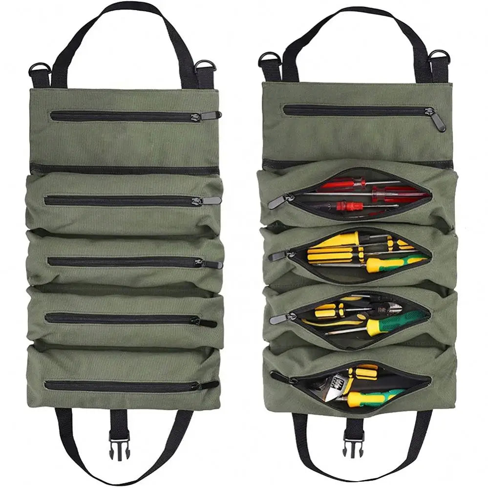 Multi Purpose Easy to Roll OEM Hanging Tool Zipper Carrier Tote for Car Canvas Tool Organizer Bucket Tool Roll up Bag