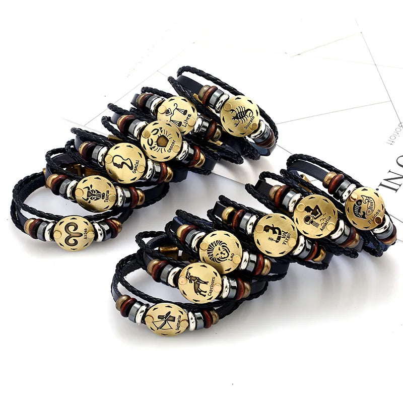 Retro 12 Zodiac Cowhide Bracelet Simple Multilayer Woven Couple Leather Zodiac Bracelet