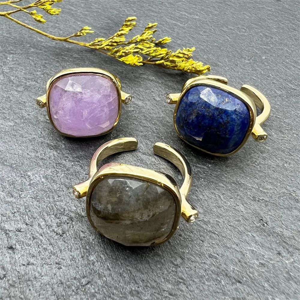Wholesale Boho Adjustable Statement Ring for Men New Natural Big Size Labradorite Amethyst Lapis Lazuli Stones Gold Fashion Ring
