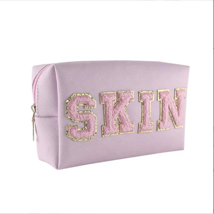 Waterproof Saffiano PU Leather Toiletry Bag Towel Letter Mini Personalized Cute Makeup Cosmetic Bag for Ladies