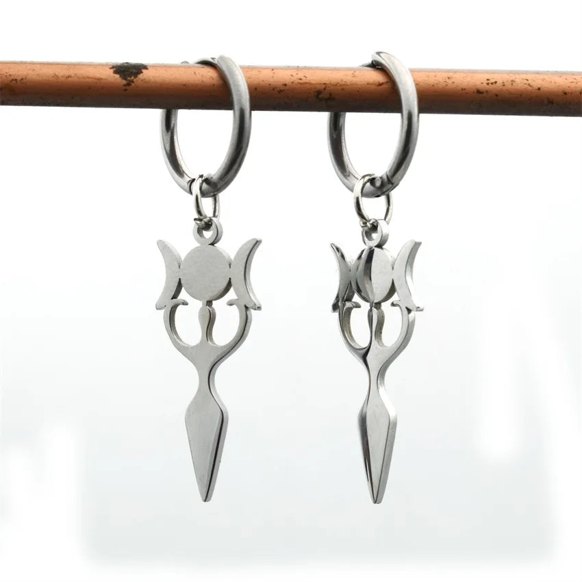 Stainless Steel Wiccan Moon Goddess Hoop Earrings Witchcraft Jewelry
