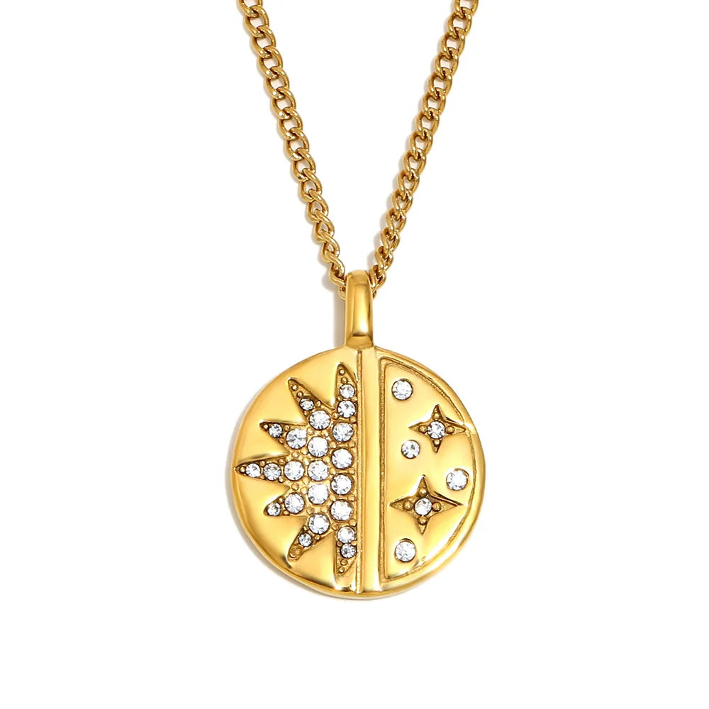 European and American Fashion Retro Geometric Round Pendant Stainless Steel 18K Gold Plating Star Zircon Disc Necklace for Women
