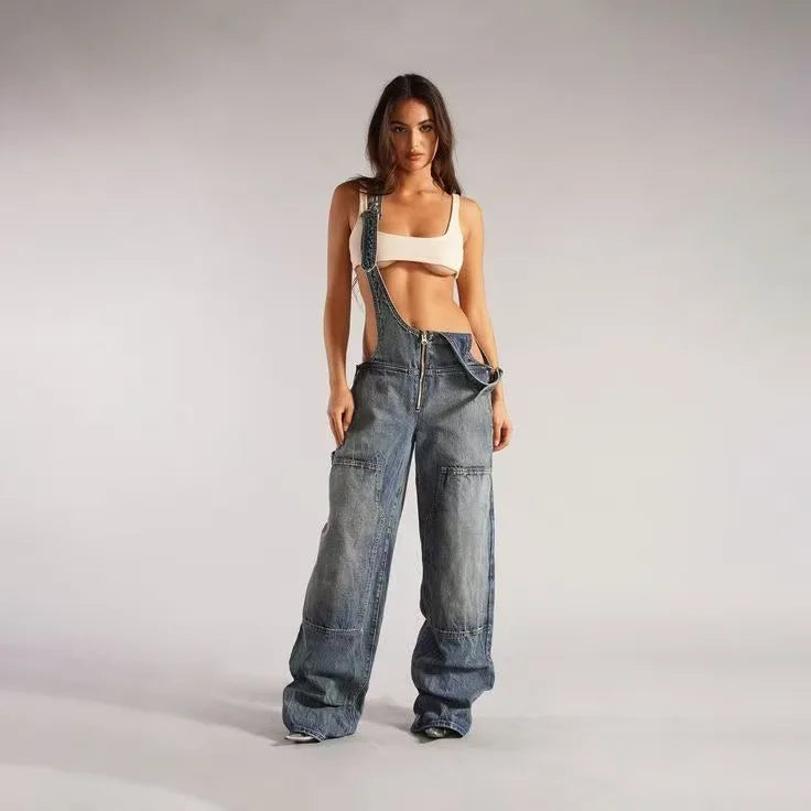D8720 Halter Collar Summer Casual Baggy Long Wide Leg Jumpsuit Sleeveless Cut Out Adjustable Zip up Denim Above Knee Length