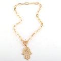 Fatimas Hand Charm Gold Paper Clip Chain Necklace White Epoxy Cubic Zircon Star Cross Charm Pendant Necklace