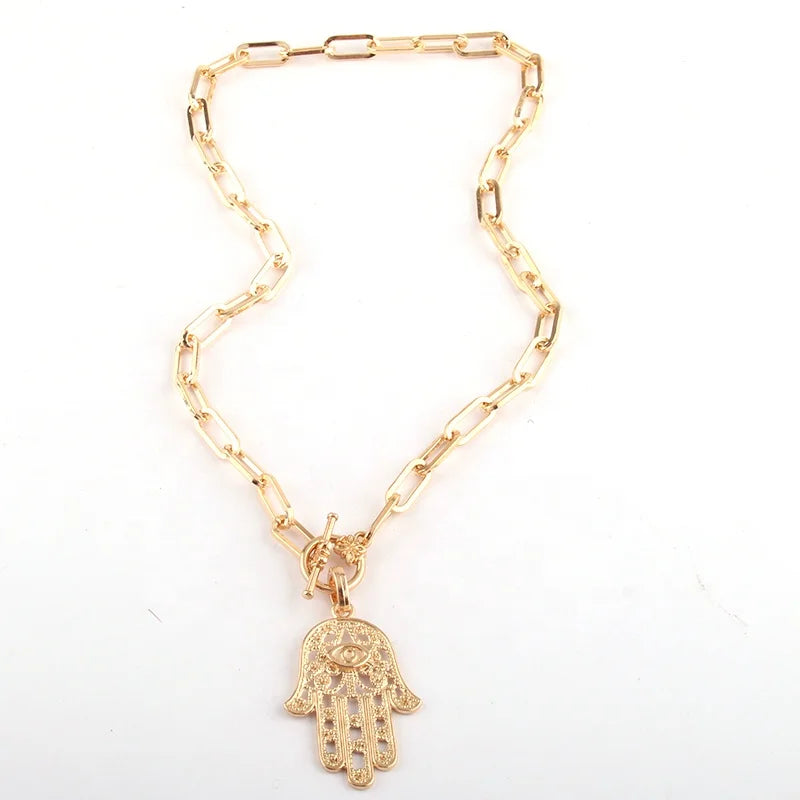 Fatimas Hand Charm Gold Paper Clip Chain Necklace White Epoxy Cubic Zircon Star Cross Charm Pendant Necklace