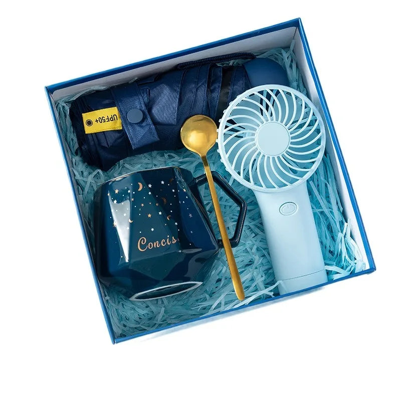 New Products Ideas 2025 Wholesale Custom Mini Fan Towel Soap Umbrella Candy Box Cup Mug with Teaspoon Gift Set for Summer Use