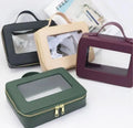 Travel PU Saffiano Leather Makeup Bags Handle Zipper clear Wash case Transparent Cosmetic Bag for Women