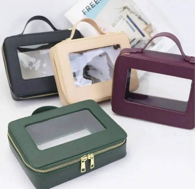 Travel PU Saffiano Leather Makeup Bags Handle Zipper clear Wash case Transparent Cosmetic Bag for Women