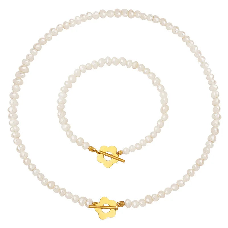 YF2866 Fashion 18K Gold Plated Stainless Steel Natural Freshwater Pearl Flower OT Clasp Choker Necklace Bracelet Jewelry Set