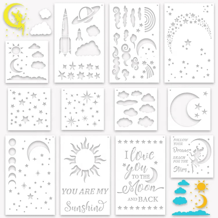 12 Pack Moon Star Cloud Stencils for Painting Home Decor Reusable Plastic Drawing Templates