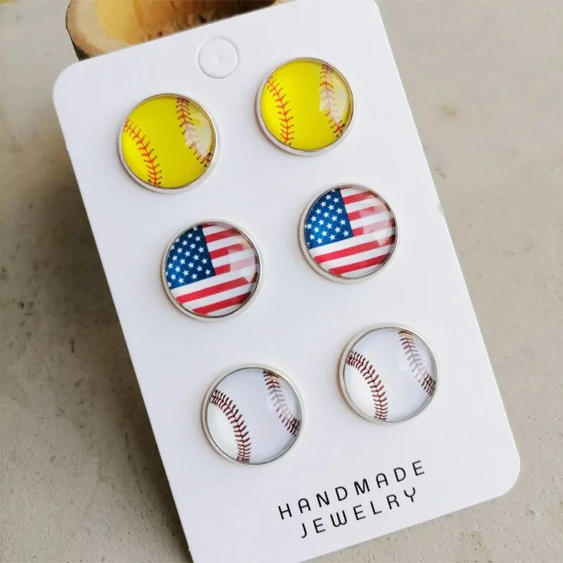 New Sports Style American Flag Softball Football Baseball Glass Stud Earrings for Women Girls
