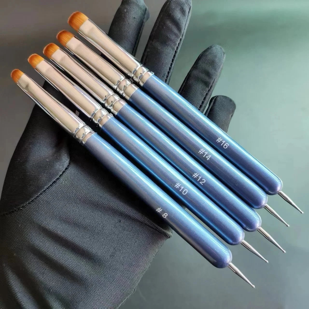 Double Ended Nail Brush Set Acrylic Wooden Handle French Nail Brush Nylon Small Blue Brush French Nail Dotting Pen Private Label