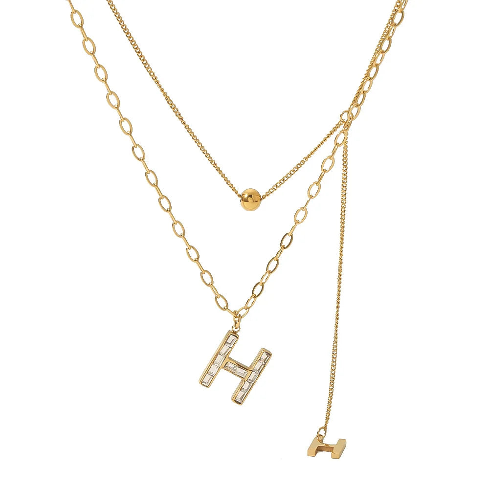 Wholesale European18K Gold Plated Alphabet Letter H Zircon Pendant Ball Chain Double Layer Initial Charms Necklace for Women