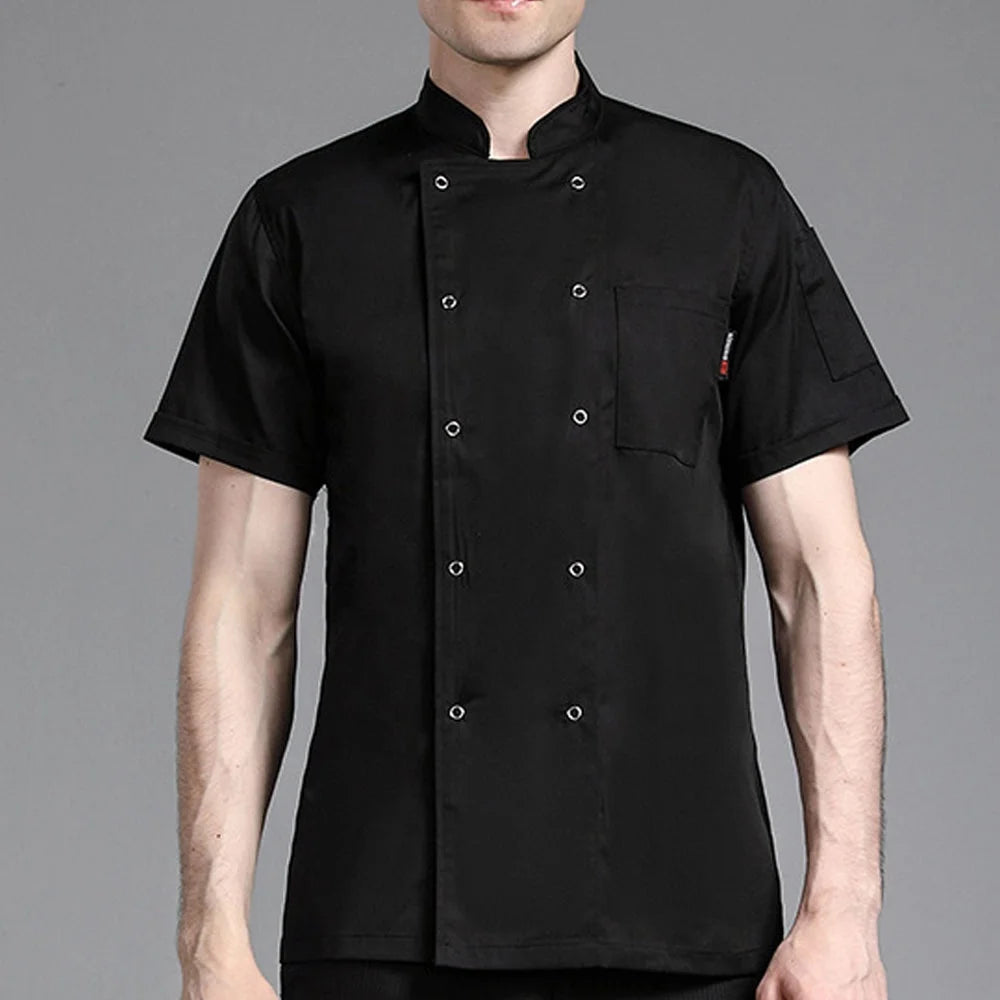 Unisex 100% Cotton Breathable Chef Jacket Silk Screen Printed Custom Logo White Short Sleeve Restaurant Bar Uniforms JM Brand