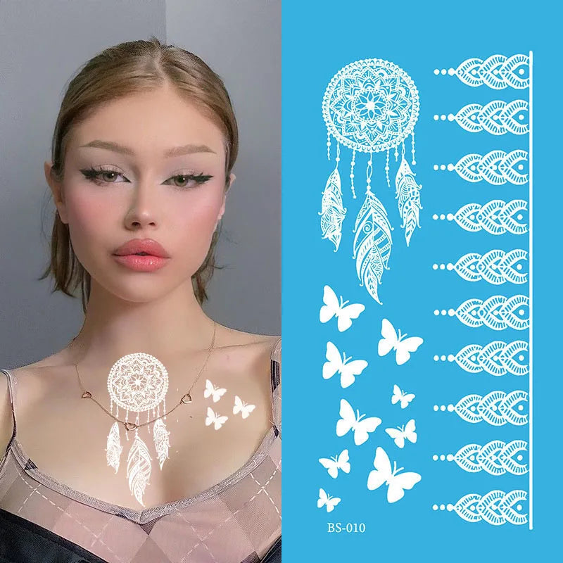 White Henna Temporary Tattoo Sticker Lace Flower Mandala Flower Waterproof Fake Tattoo Wedding Party Festive Temporary Tattoos