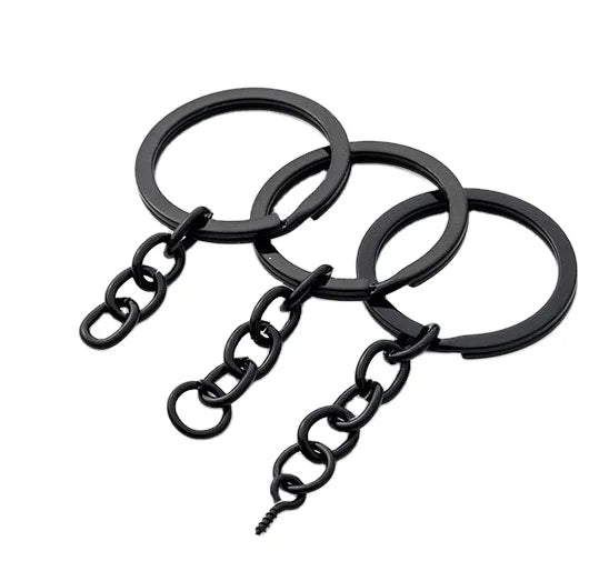 25mm 30mm Metal Black Key Ring With Chain DIY Keychain