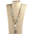 Women Ethnic Jewelry 8MM Half Natural Stone Half Alloy Chain NecklaceGlass Ball Circle Connect Faced Stone Charm Necklace